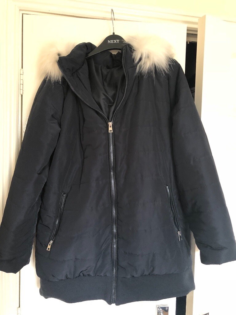 blue coat with white fur hood